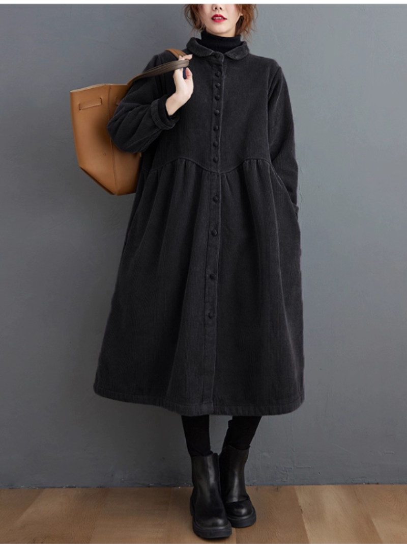 Elegant Corduroy Midi Shirt Dress with Buttons, Cozy Lining, Winter-Ready Silhouette
