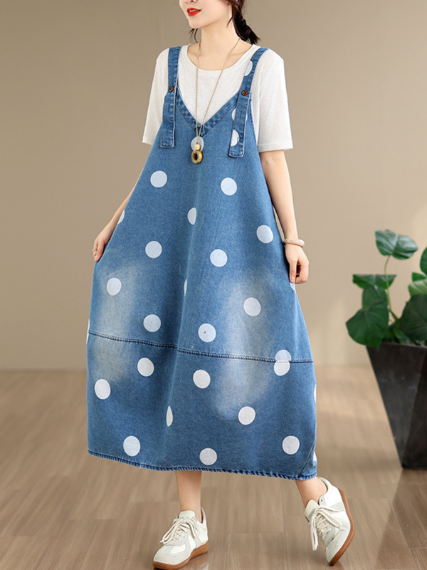 Polka Dot Denim Dress in Cotton, Relaxed A-Line Pinafore Midi