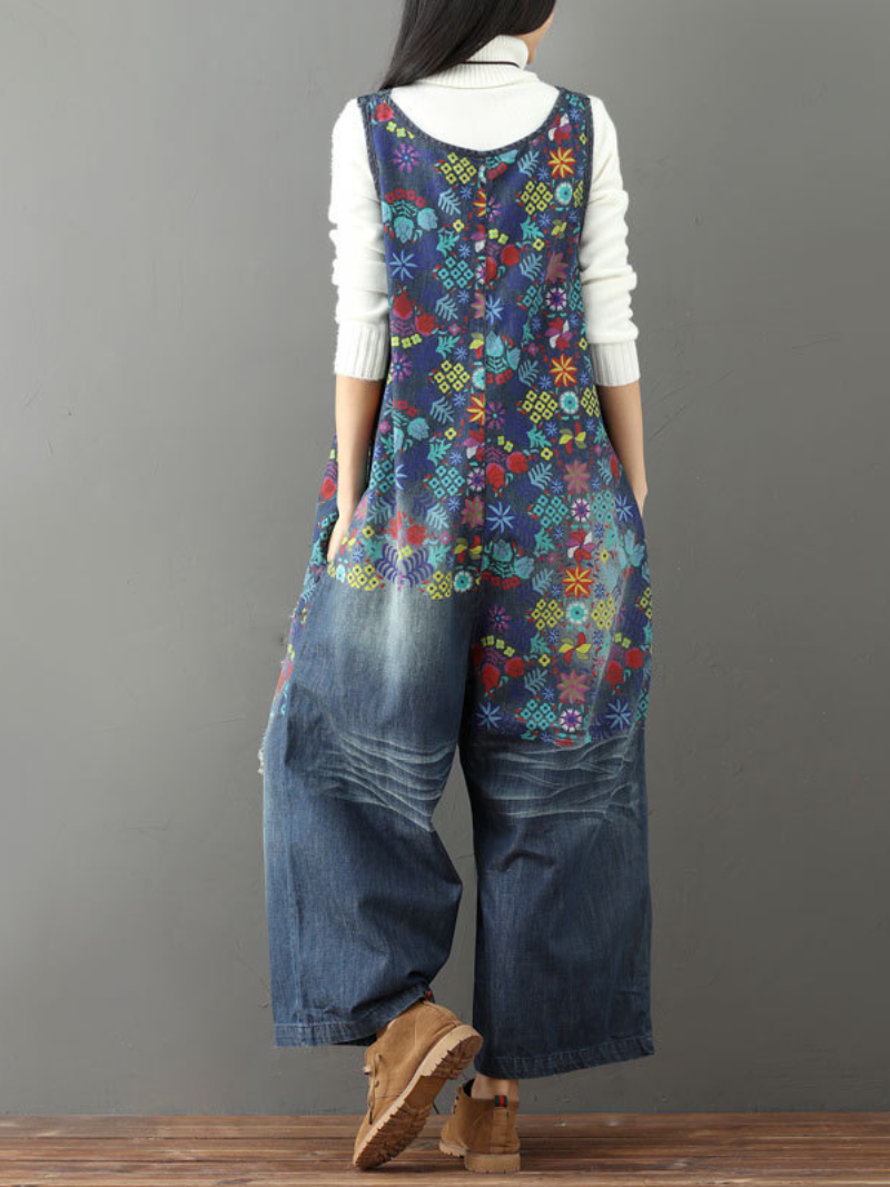 Women's Clothing Printed Jeans White Holes Wide Leg Overalls Dungarees