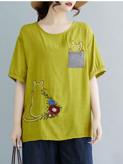 Women's Summer Embroidery & Cat Style T-Shirt Top