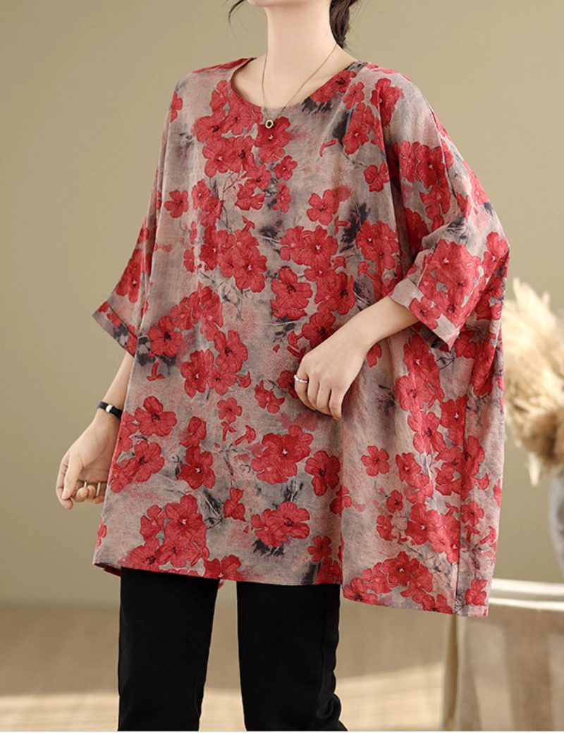 Artful Floral Tunic Blouse in Cotton&Flax with Batwing Draping
