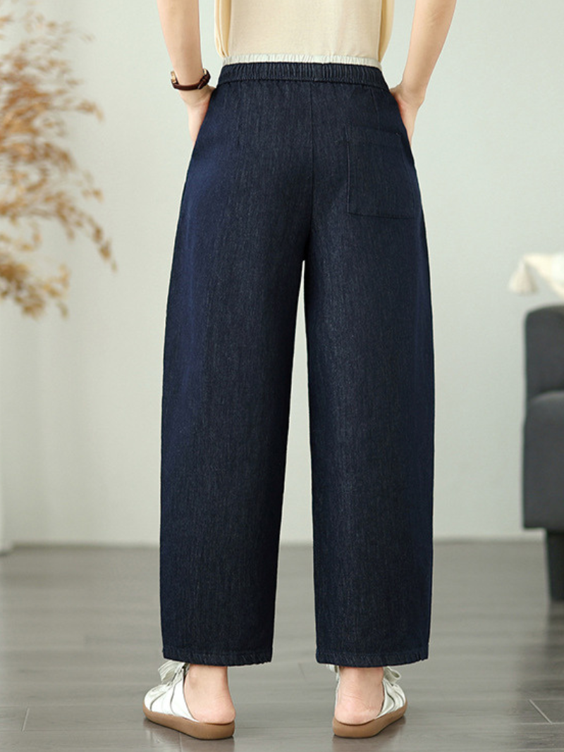 Chic Relaxed Wide-Leg Denim Cotton Pants with Drawstring Waistband for Women