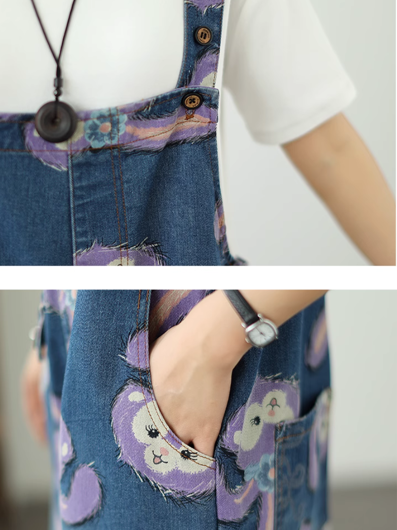 Women's Summer Beautiful & Cartoon Style Printed Denim Short Dungaree