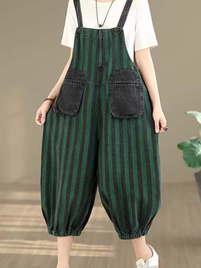 Relaxed striped cotton blend harem overalls for women with patch pockets