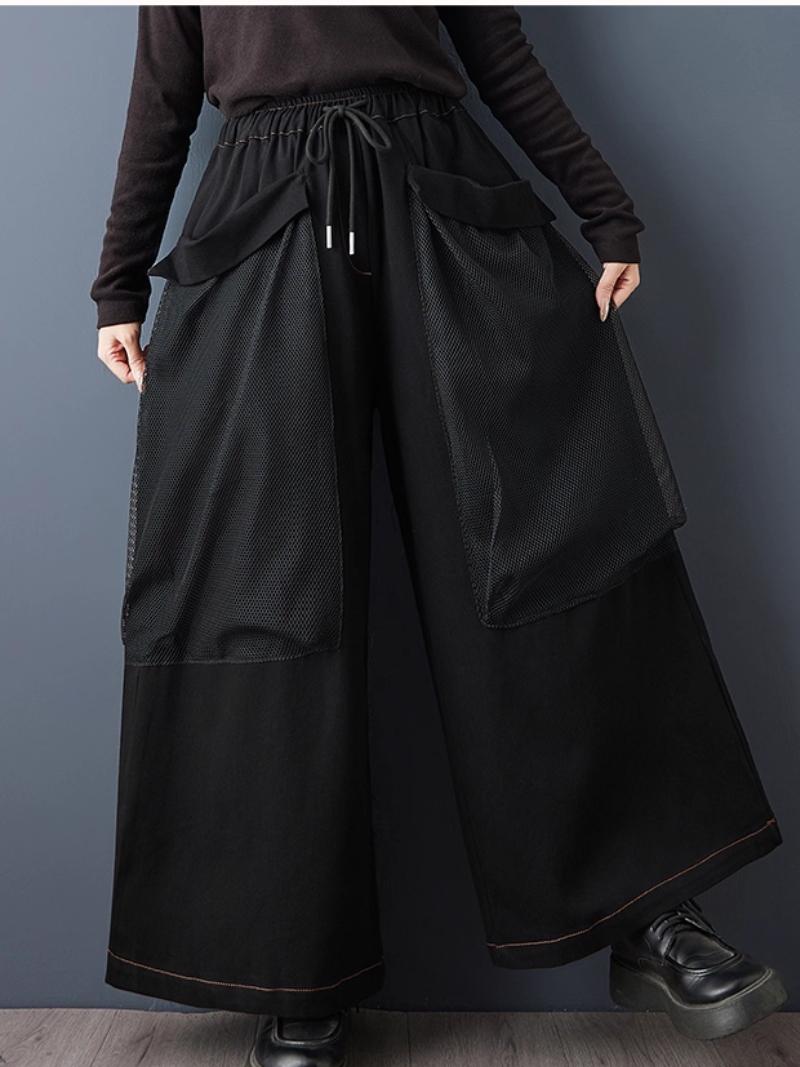 Avant-Garde Mesh Overlay Wide-Leg Denim Pants with Drawstring, High-Rise Waist