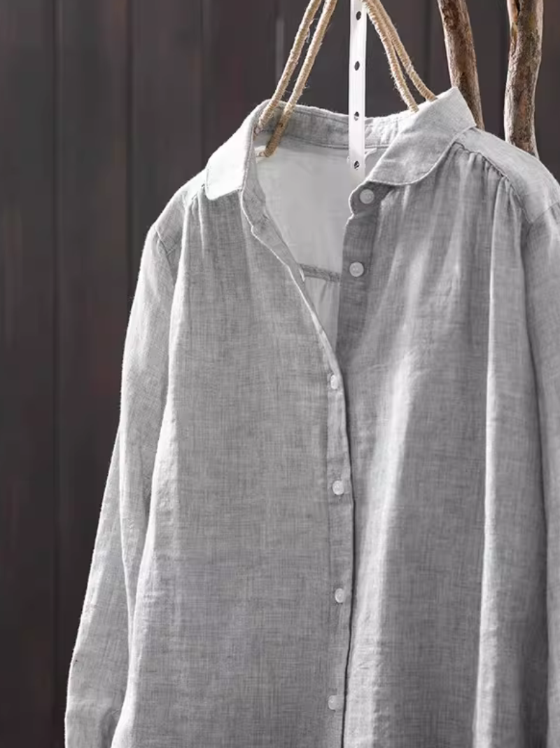 Cotton-Linen Button-Down Blouse with Point Collar