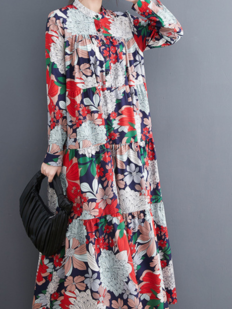 Vintage Floral Tiered Maxi Dress in Soft Polyester, Effortless Elegance