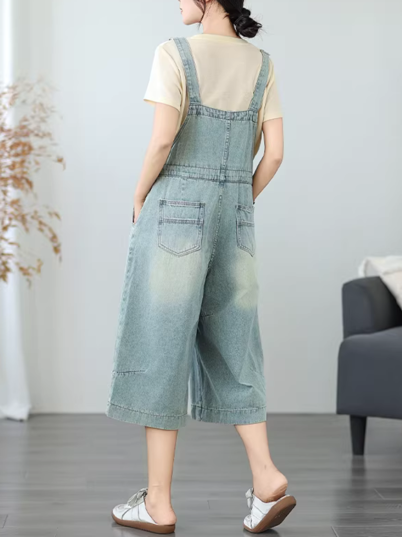 Relaxed Culotte Denim Overalls with Adjustable Straps in Soft Cotton