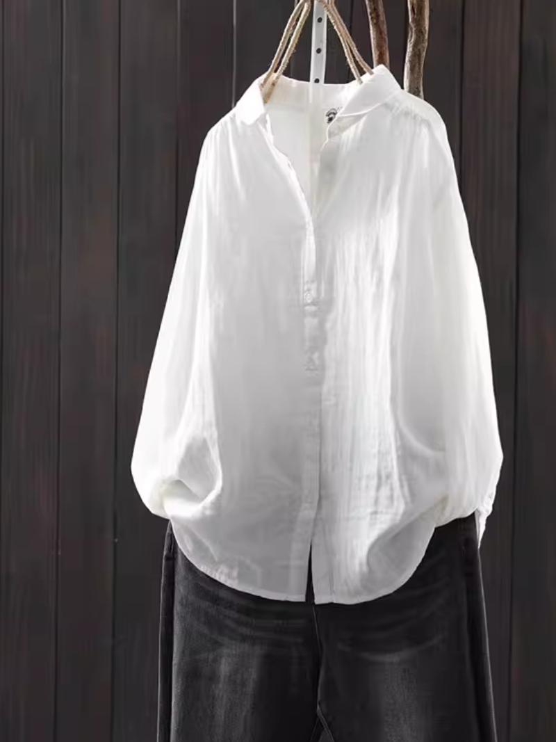 Cotton-Linen Button-Down Blouse with Point Collar