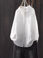 Cotton-Linen Button-Down Blouse with Point Collar
