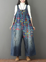 Chic Women's Loose Wide-Leg Floral Denim Overalls | Eva Trends