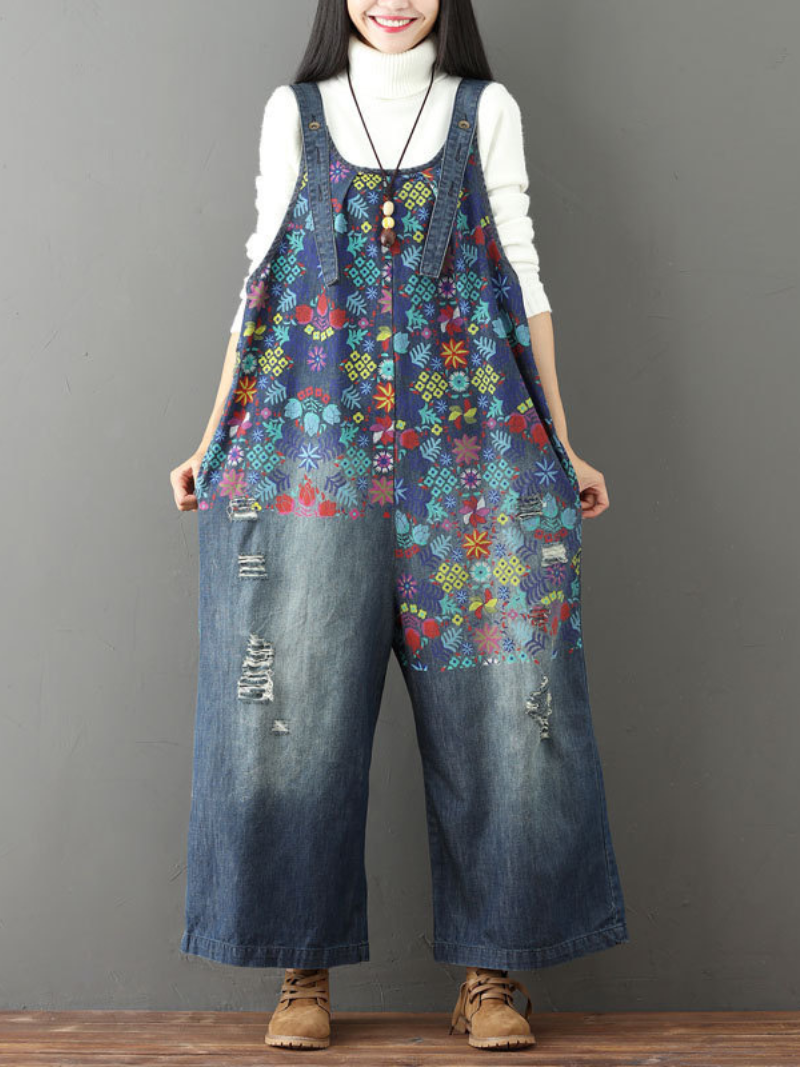 Women's Clothing Printed Jeans White Holes Wide Leg Overalls Dungarees