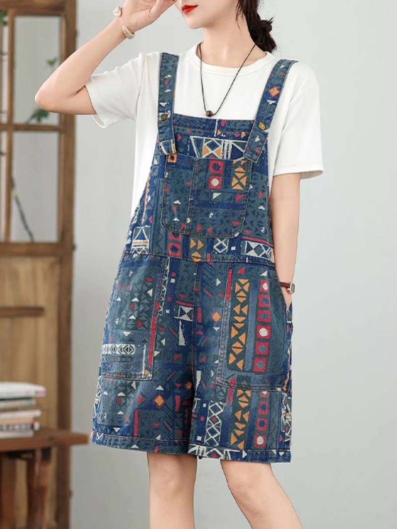 Women's Retro Style Printed Denim Bib's Short Overall Dungaree