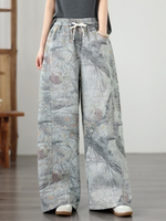 Women's Artful Wide-Leg Denim Cotton Pants with Elastic Drawstring Waist