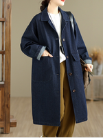 Artfully Relaxed Long Denim Cotton Coat with Notched Collar, Patch Pockets