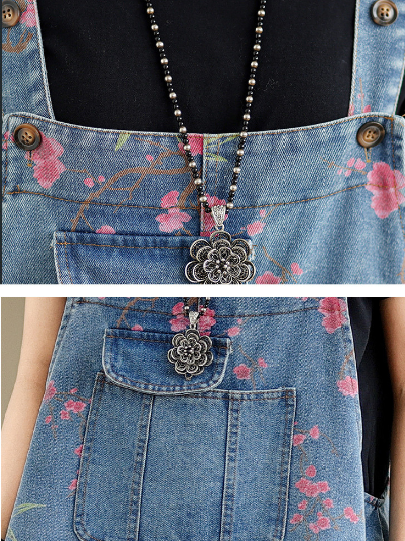 Women’s Floral Printed Denim Baggy Overalls – Spring & Summer Style