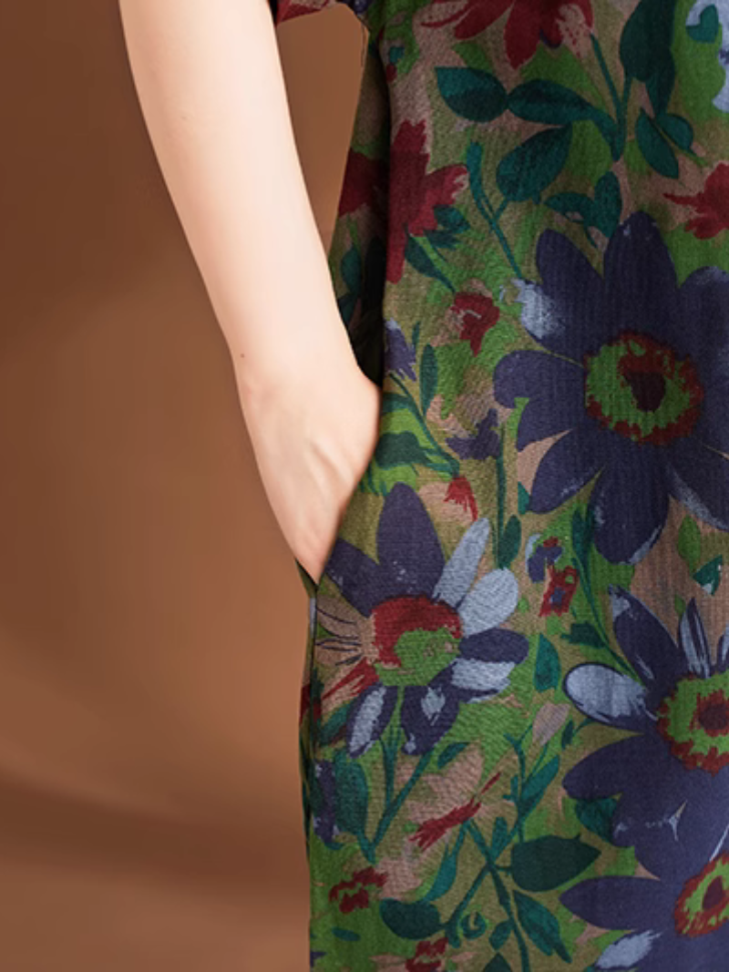Women's Summer Flower Printed Pocket Style Midi -Dress