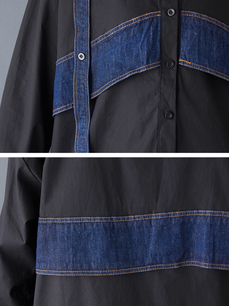 Oversized Button-Down Shirt with Denim Contrast Panels, Modern Minimal Elegance