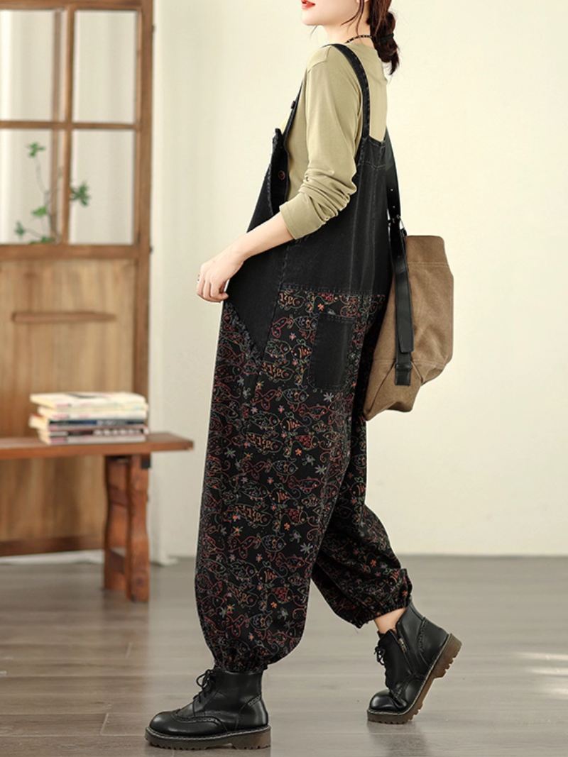 Artisan Printed Cotton-Linen Harem Overalls, Chic Boho Jumpsuit for Women