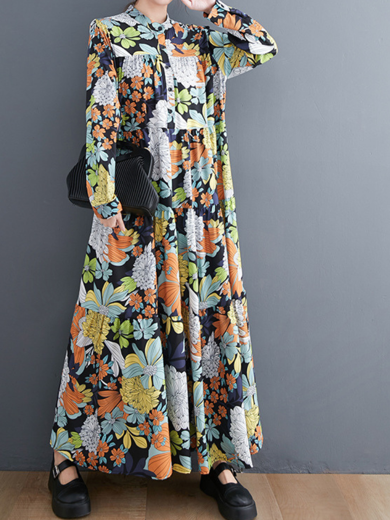 Vintage Floral Tiered Maxi Dress in Soft Polyester, Effortless Elegance
