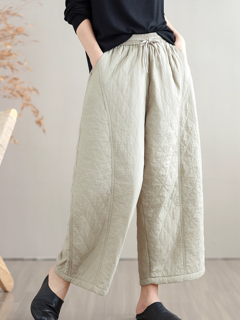 Women's Quilted Wide-Leg Cotton Blend Winter Pants with Drawstring Waist