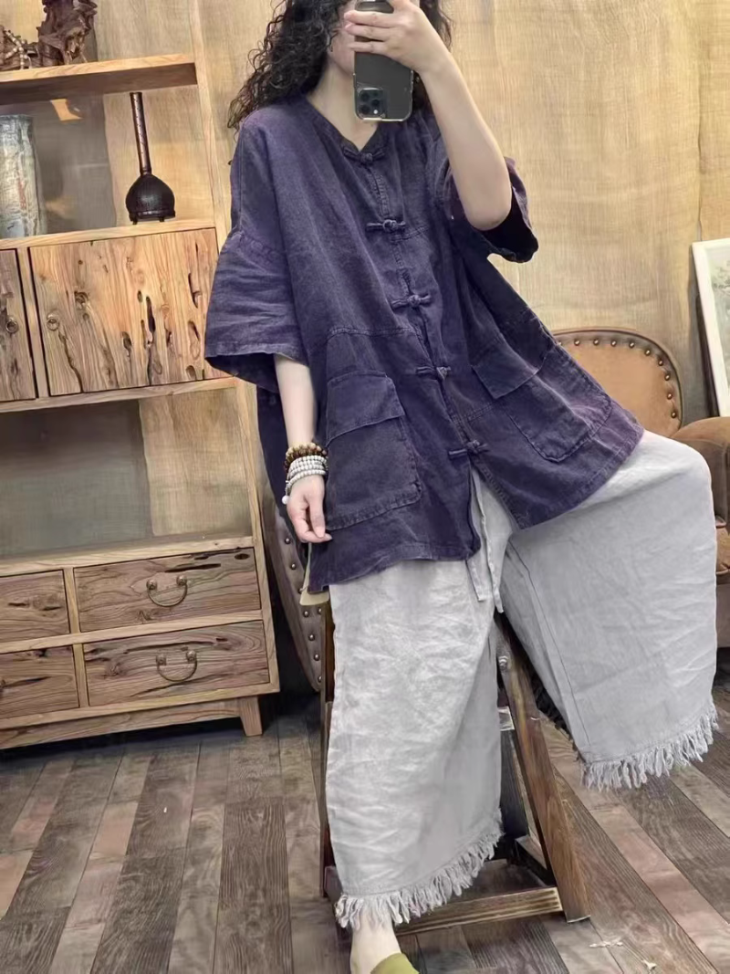 Women's Summer Retro Linen Buttoned Midi Loose Cardigan Dress