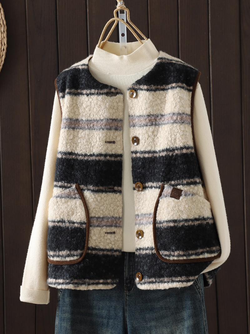 Striped Button-Front Sherpa Vest with Piped Pockets for Women, Cozy Layer