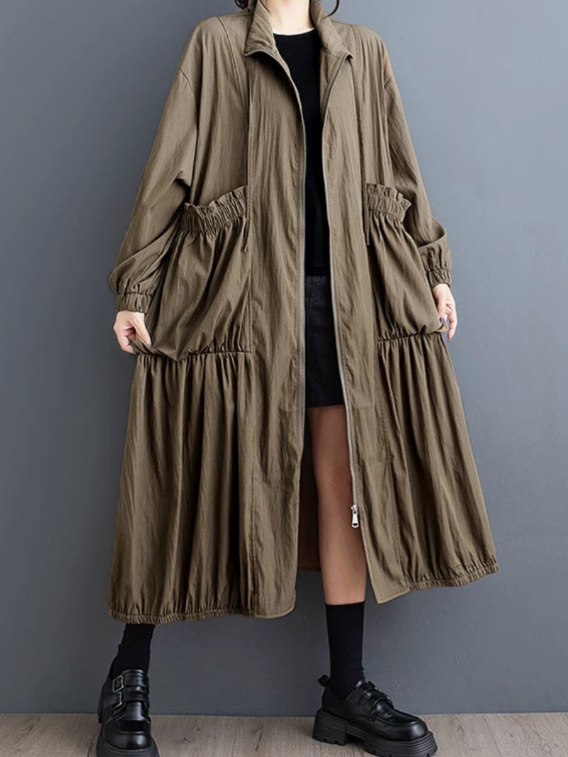 City-to-Weekend Confidence Coat-Dress — Flowing Tiered Zip-Front Midi