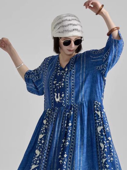 artisanal blue maxi dress Artisanal Stripe Print V-Neck Maxi Dress in Luxe Nylon-Cotton Blend – Eva  Trends