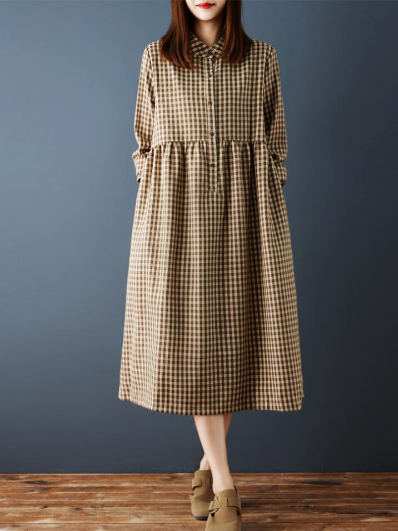Gingham Cotton-Linen Midi Shirt Dress with Pockets and Gentle Volume