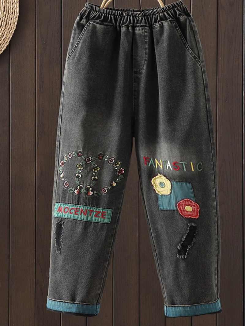 Artful Patchwork Relaxed Tapered Denim Cotton Women’s Jeans