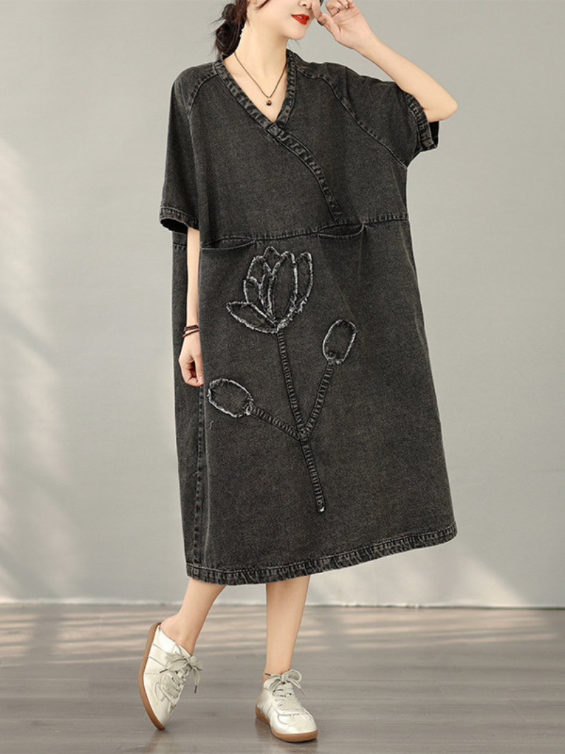 Artful Bloom Denim Dress, Relaxed V-Neck Midi in Washed Cotton