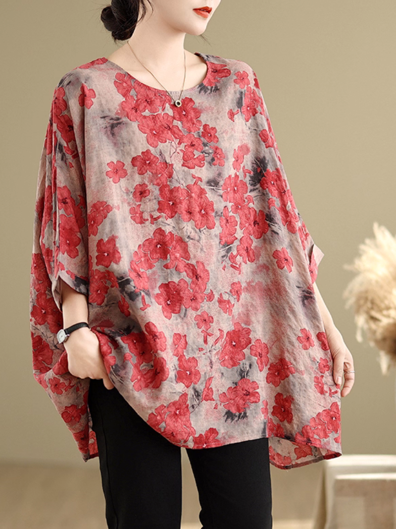 Artful Floral Tunic Blouse in Cotton&Flax with Batwing Draping