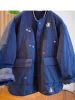 Chic Quilted Jacket, Embroidered Oversized Silhouette with Patch Pockets, Cotton-Poly