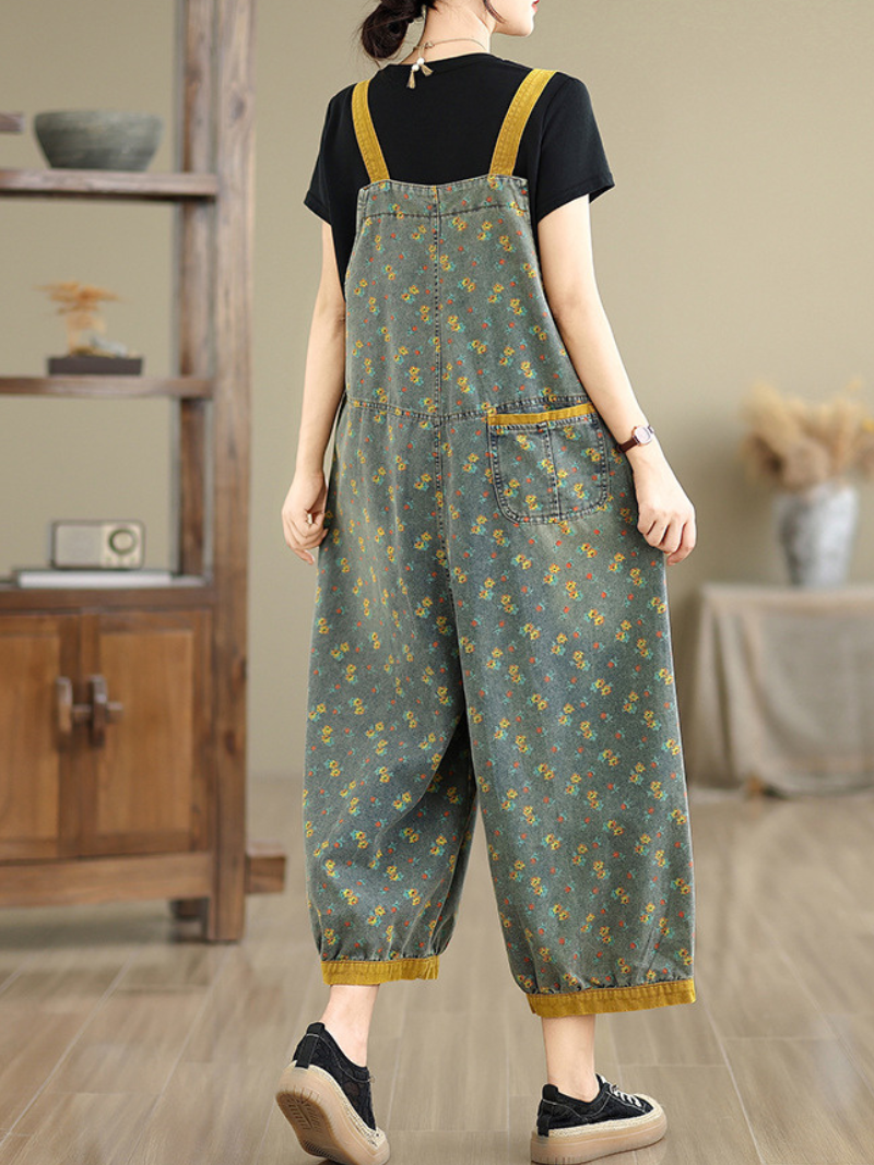Artful Floral Denim Cotton Overalls Jumpsuit with Relaxed Balloon Legs
