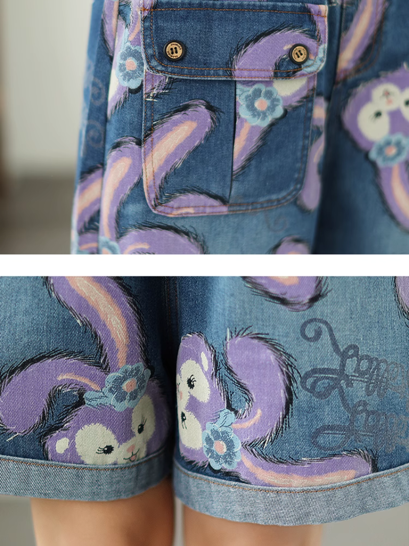 Women's Summer Beautiful & Cartoon Style Printed Denim Short Dungaree