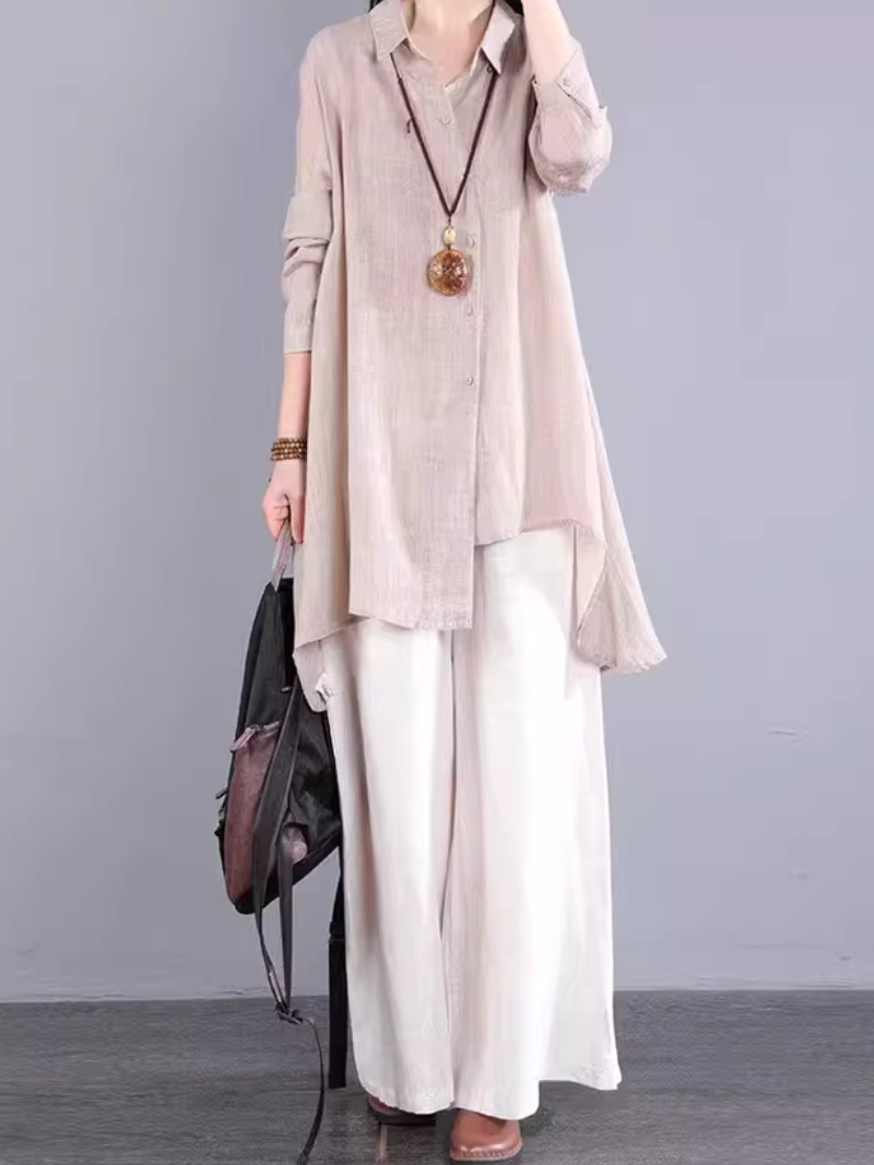 Asymmetric Longline Linen Shirt Tunic in Cotton Linen Blend, Refined
