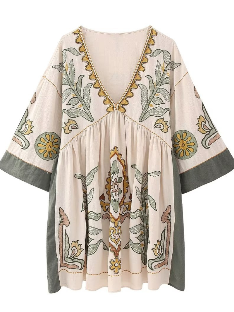Women's Summer Casual V-neck Loose Embroidered Kimono Dress