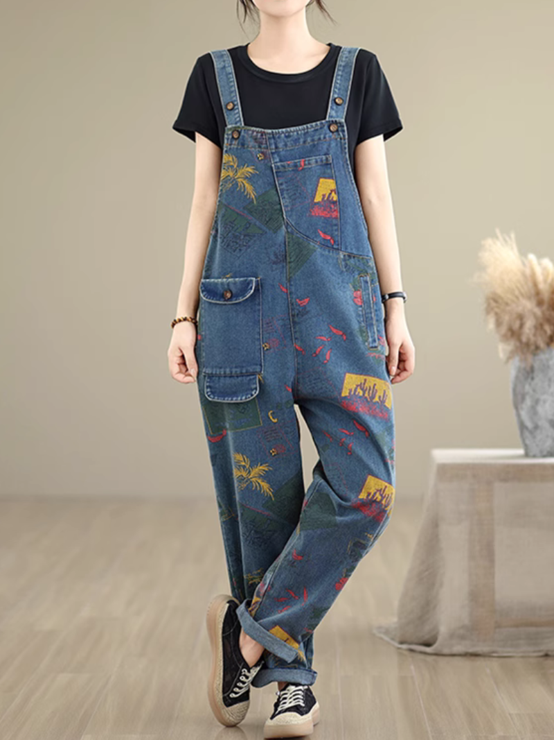 Women's Beautiful Straight-Leg Pant Style Printed Overall Dungarees