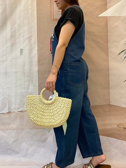Women's Rose Embroidered Denim Overalls with Loose Wide-Leg Fit