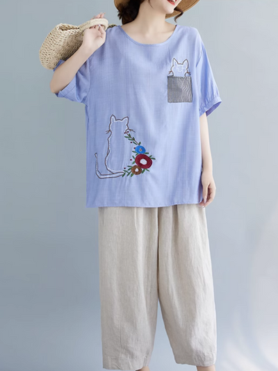 Women's Summer Embroidery & Cat Style T-Shirt Top