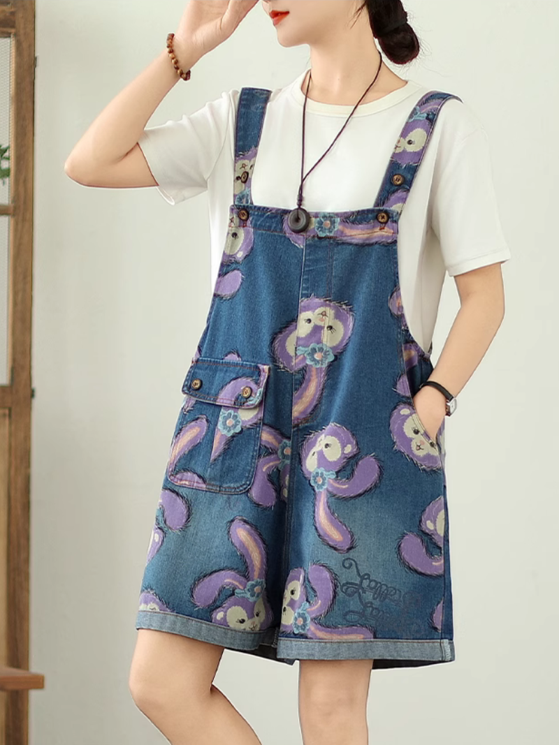 Women's Summer Beautiful & Cartoon Style Printed Denim Short Dungaree