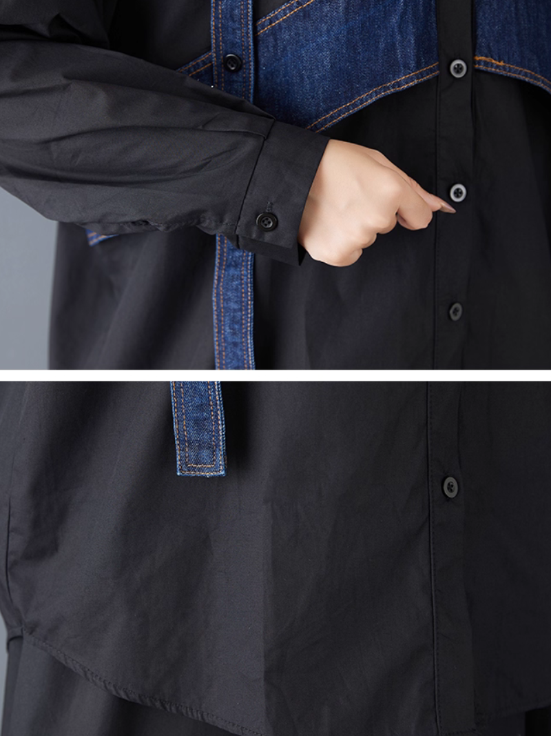 Oversized Button-Down Shirt with Denim Contrast Panels, Modern Minimal Elegance