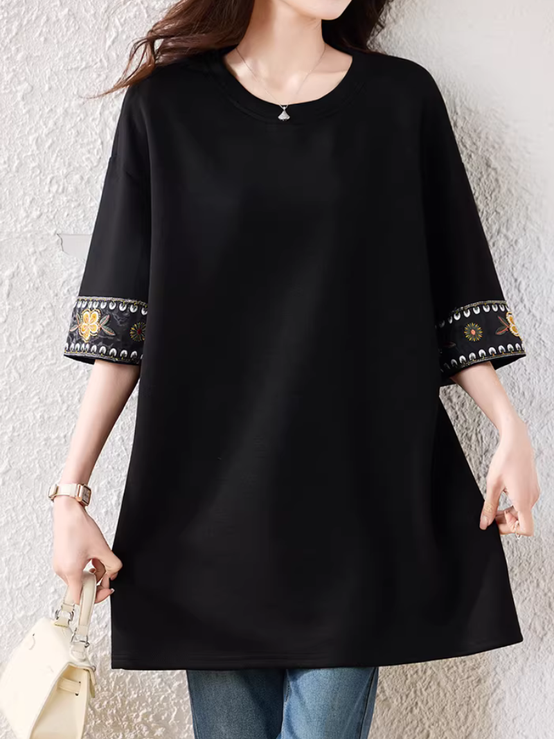 Embroidered Sleeve A-Line Tunic Top for Effortless Chic Everyday Style