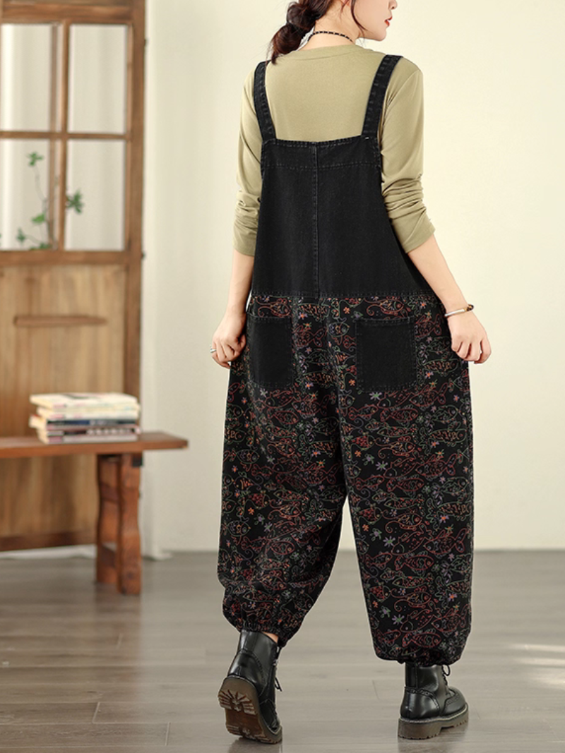Artisan Printed Cotton-Linen Harem Overalls, Chic Boho Jumpsuit for Women