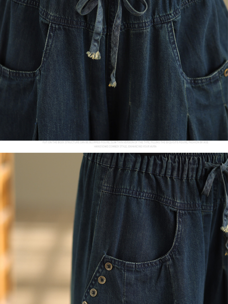 Relaxed Wide-Leg Denim Cotton Palazzo Pants with Drawstring Waist and Deep Pockets