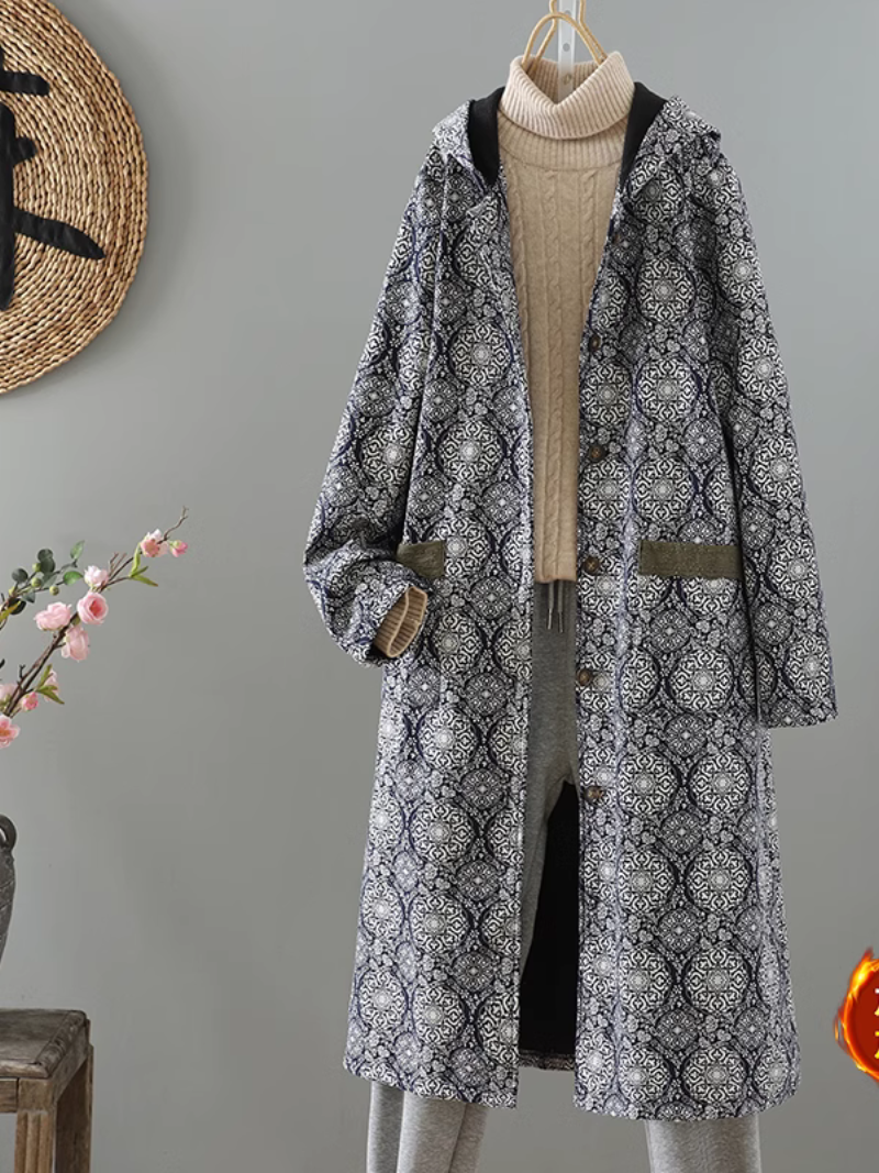 Women's Beautiful Velvet Hooded Windbreaker Printed Coat