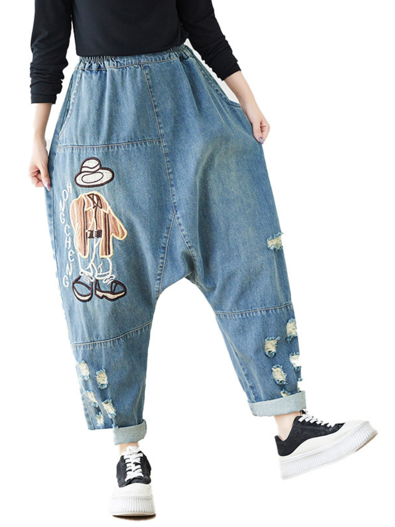 Women's Stylish Cartoon Embroidery Jeans Loose Bottom