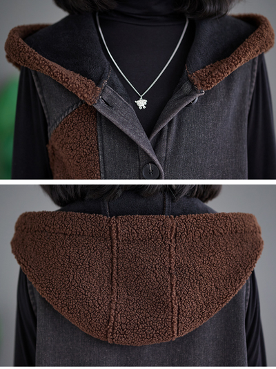 Women's Fashionable Velvet Button-Up Hoodie Coat