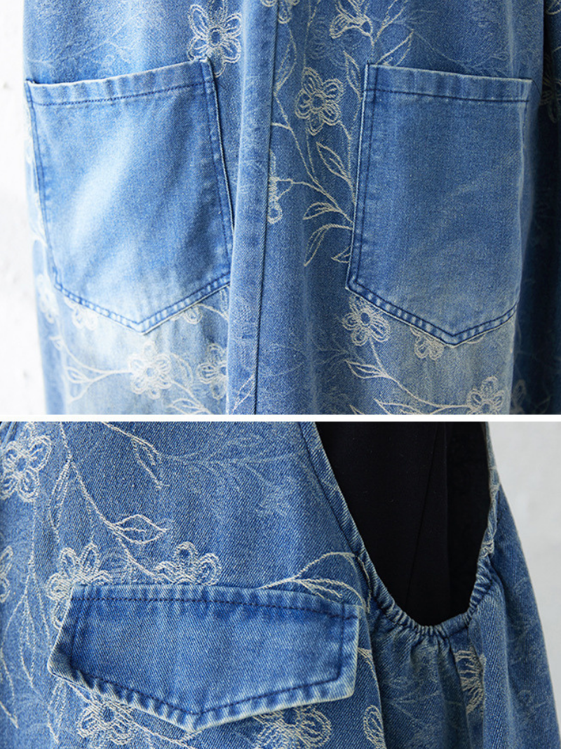 Floral Patchwork Denim Dress Pinafore Maxi with Oversized Pockets, Effortless Poise